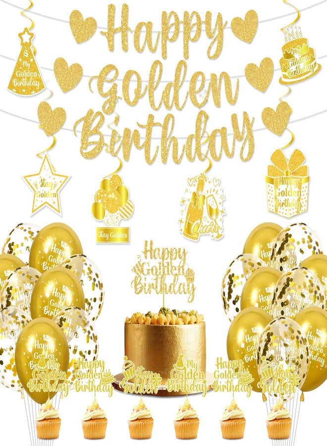 Woosytoo 32 Pcs Happy Golden Birthday Party Decorations Banner Gold Glitter Happy Golden Birthday Banner Hanging Swirls Balloons Cake Topper for Women Men Girls Boys Gold Bday Party Decor Supplies - Image 1
